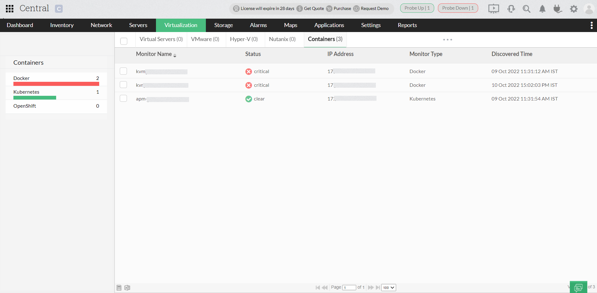 Add containers Applications Manager Plug-in in OpManager: Virtualization dashboard