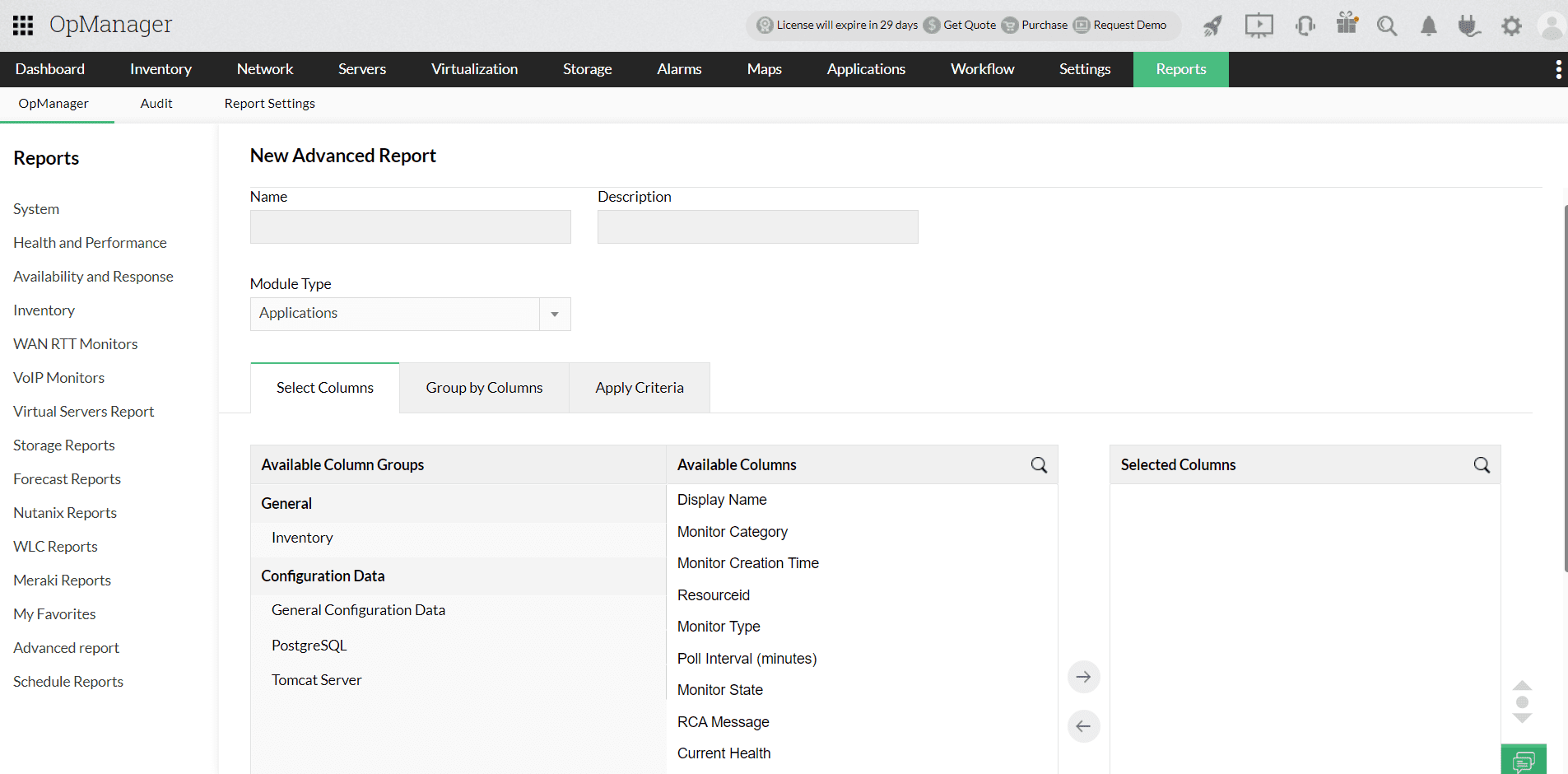 Advanced reports applications module Applications Manager Plug-in in OpManager: Advanced reports