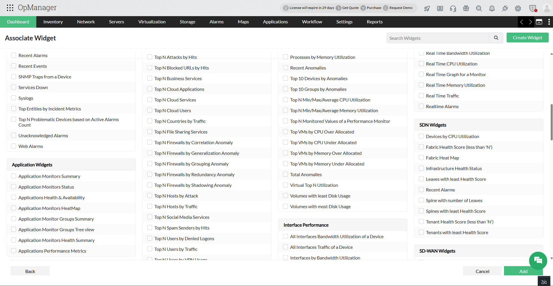 Application widgets Applications Manager Plug-in in OpManager: Applications monitoring widgets in dashboard