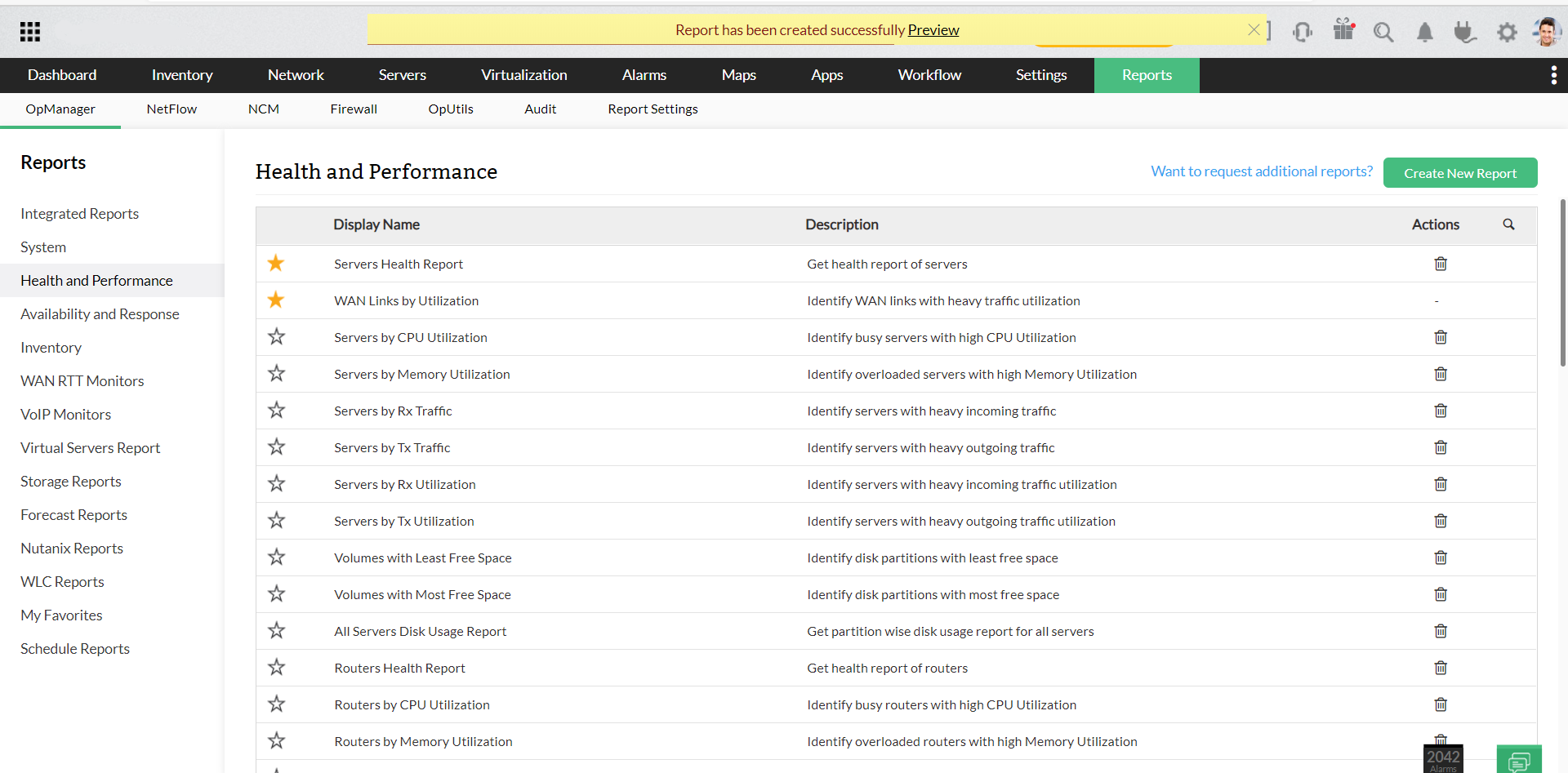 Copy reports in OpManager: Health and performance parameters of listed reports