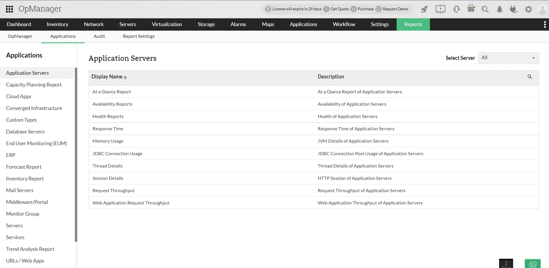 Reports Applications Manager Plug-in in OpManager: Reports