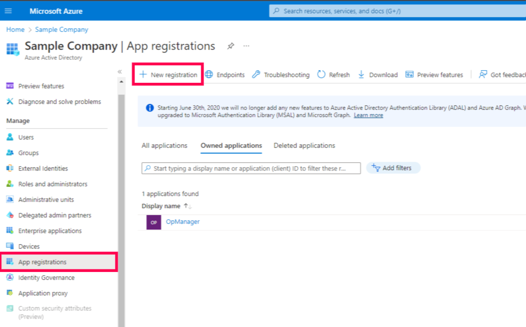Integrating OpManager with Microsoft Teams: New registration under app registration