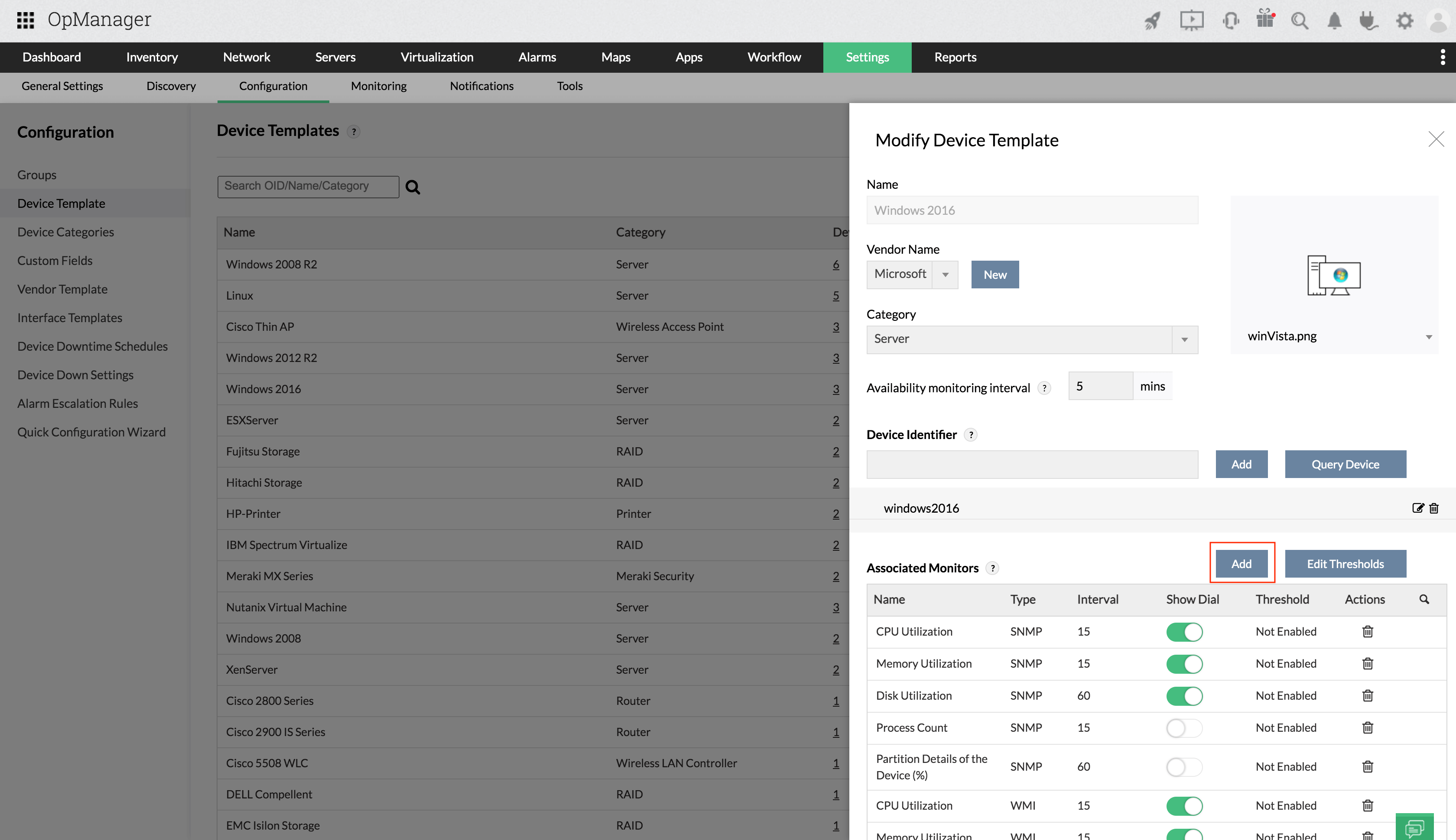 Edit Device Template page in ManageEngine OpManager