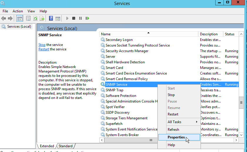 SNMP agent configuration in Lotus Domino Server on OpManager: To select properties of the SNMP service post installation