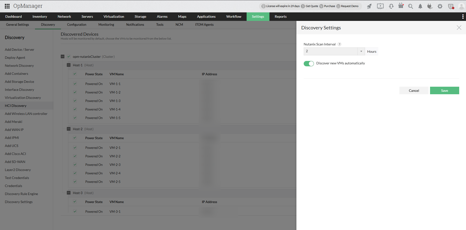 VMware ESX/ ESXi servers discovery in OpManager: Discovered devices list