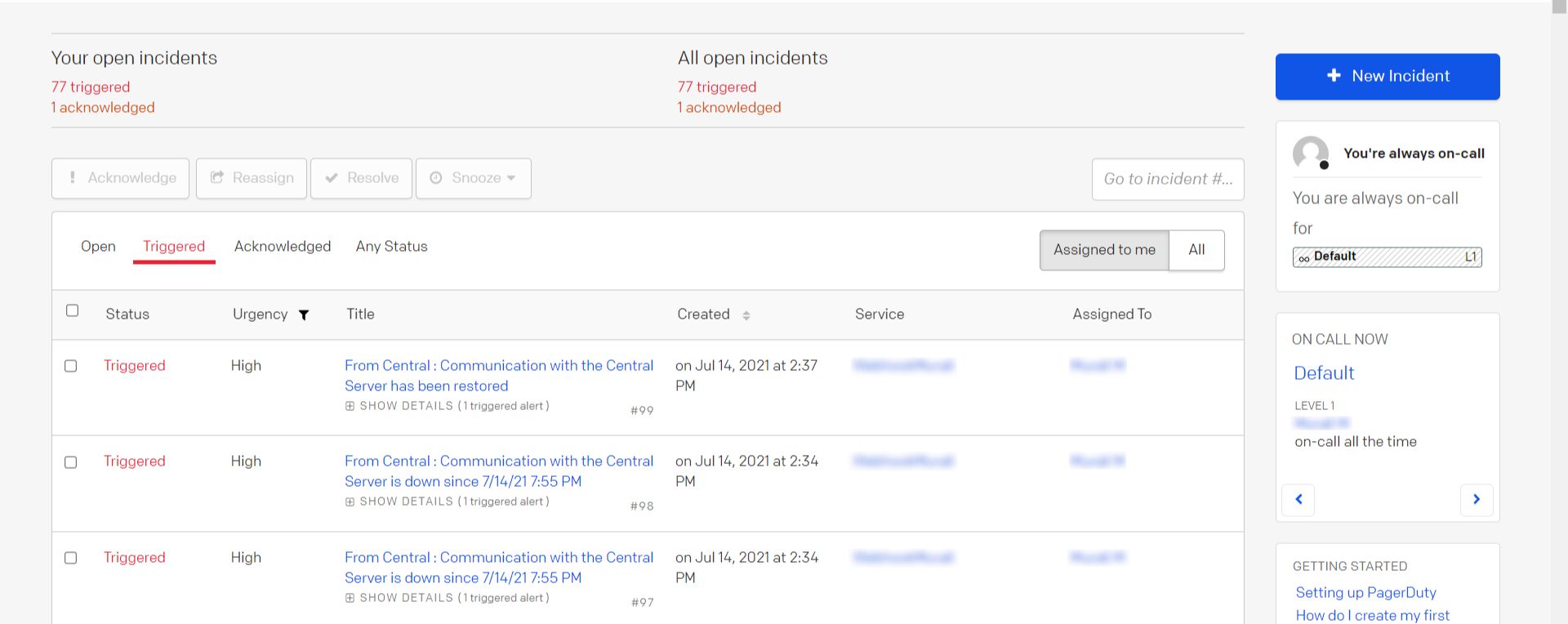 Screenshot of alerts from OpManager being captured as incidents in PagerDuty
