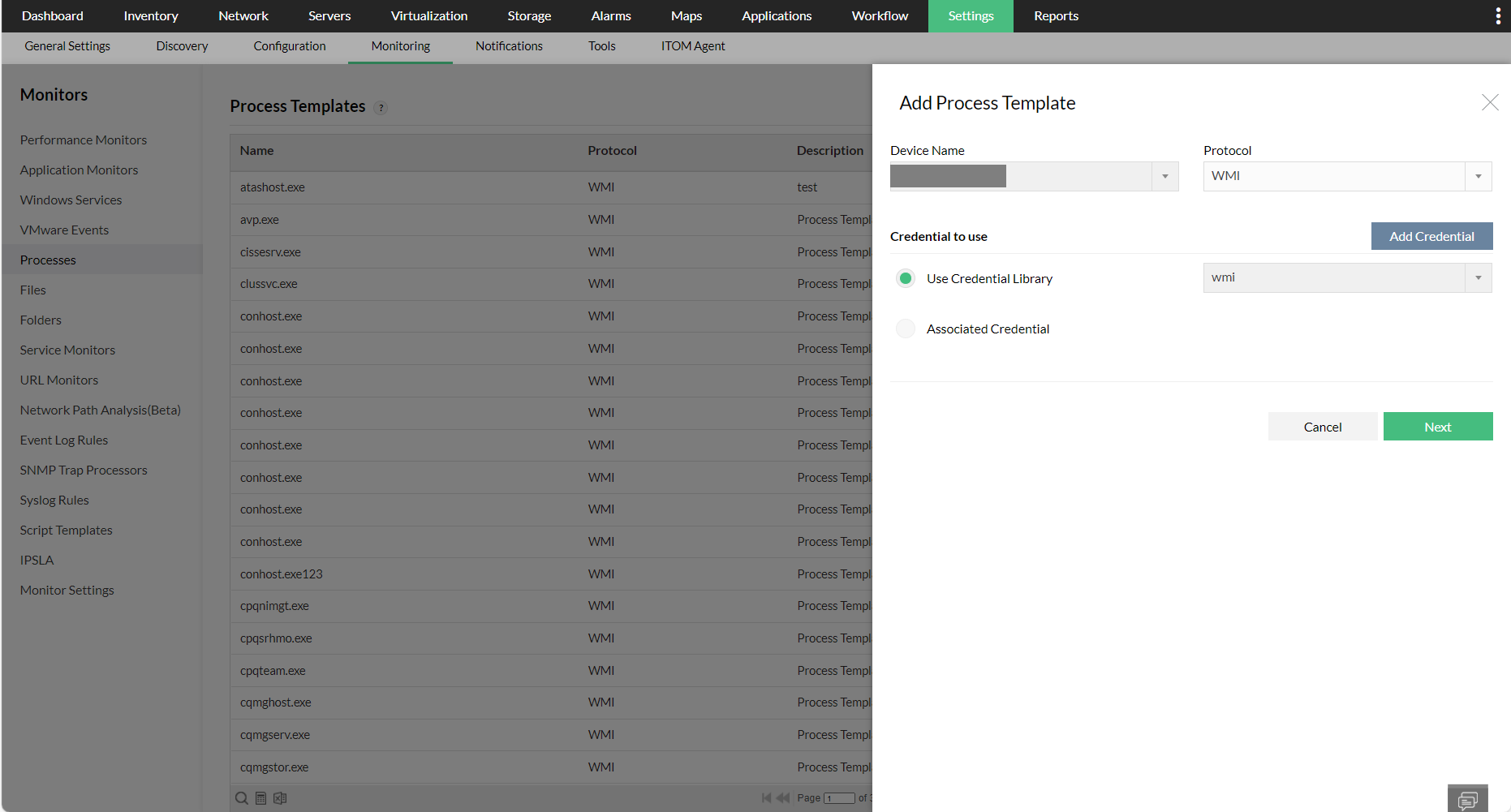 New process template addition in OpManager: Process template credentials