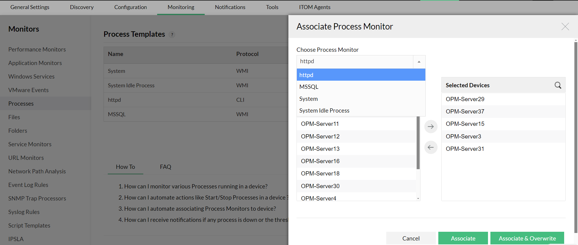 Associate process templates to devices on OpManager: Process monitor