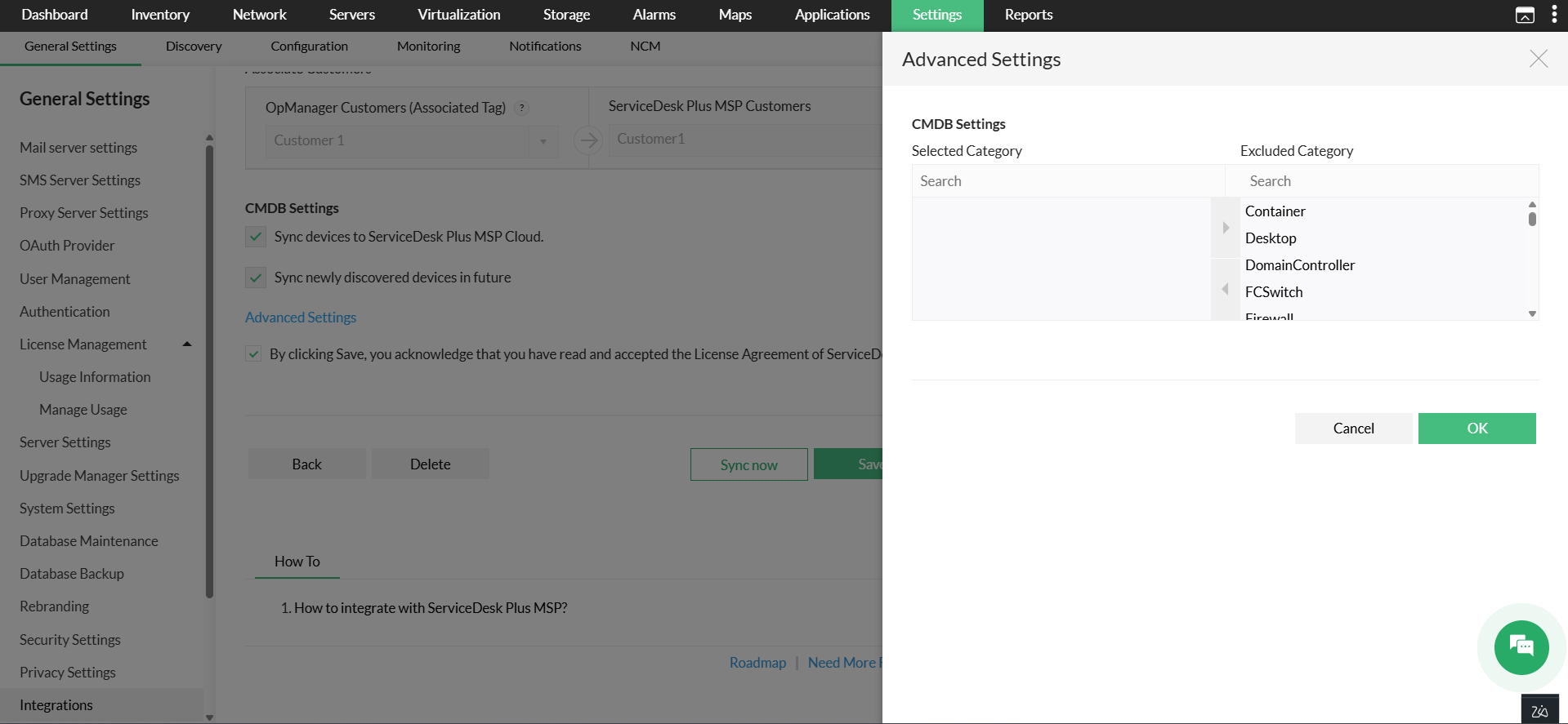 OpManager: SDP MSPcloud integration