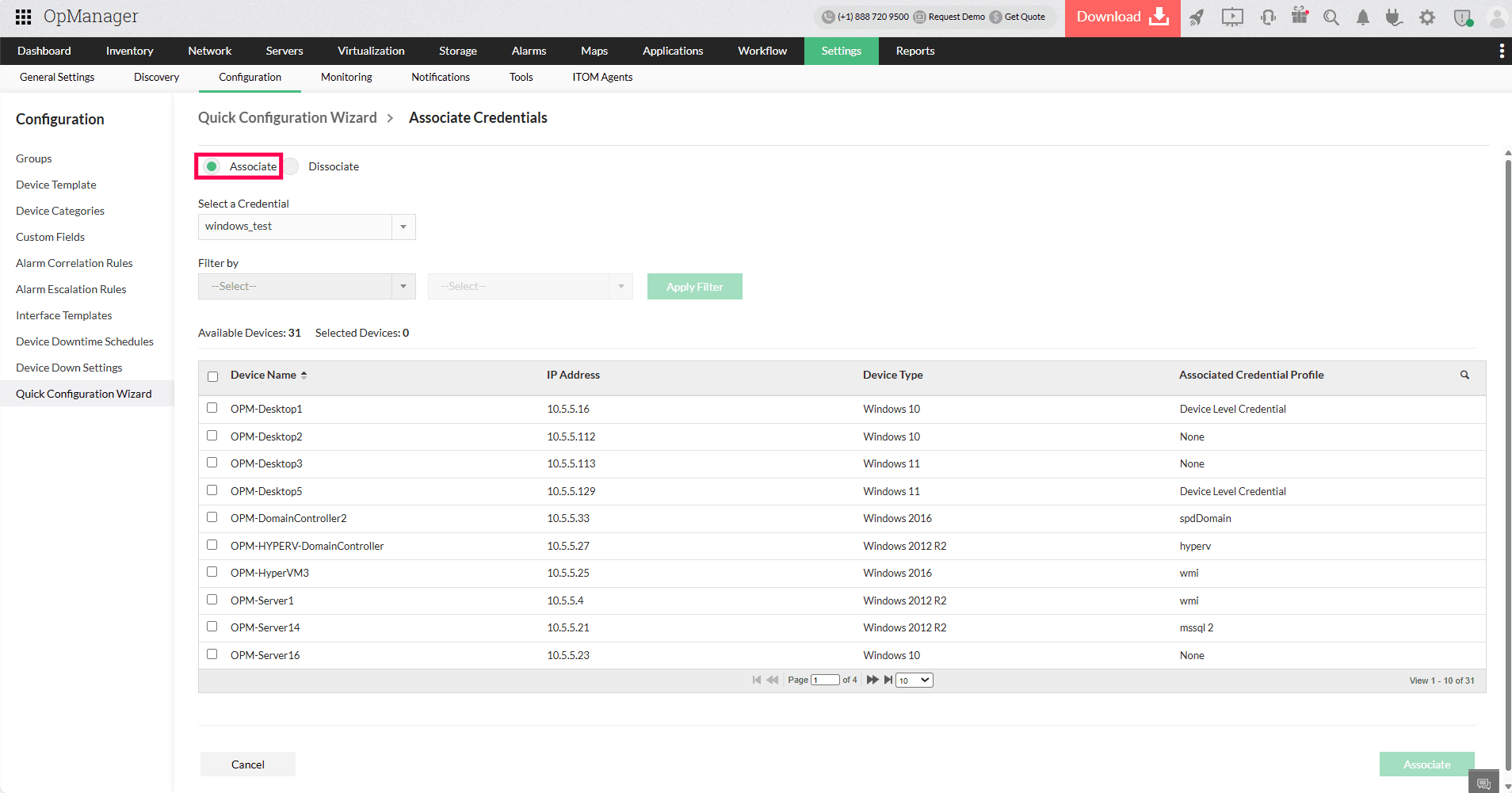 Quick Configuration Wizard in OpManager: Device selection for association