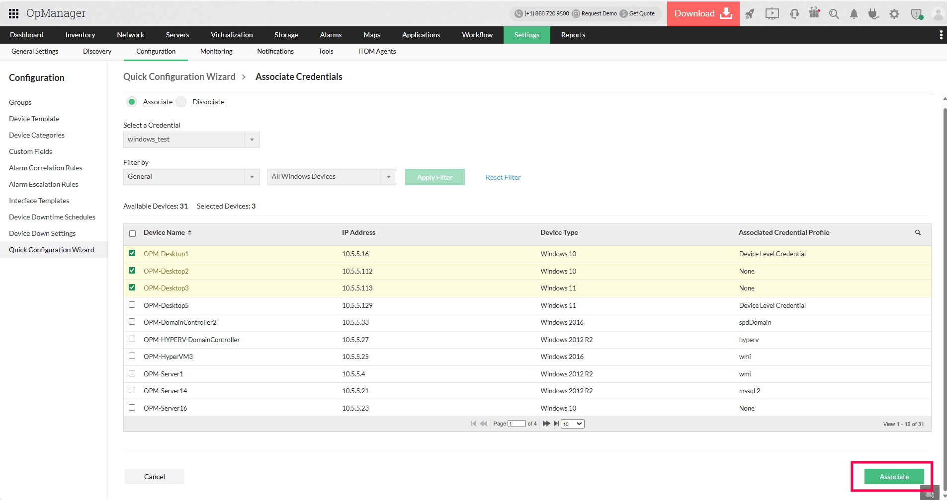 Quick Configuration Wizard in OpManager: Device selection for association