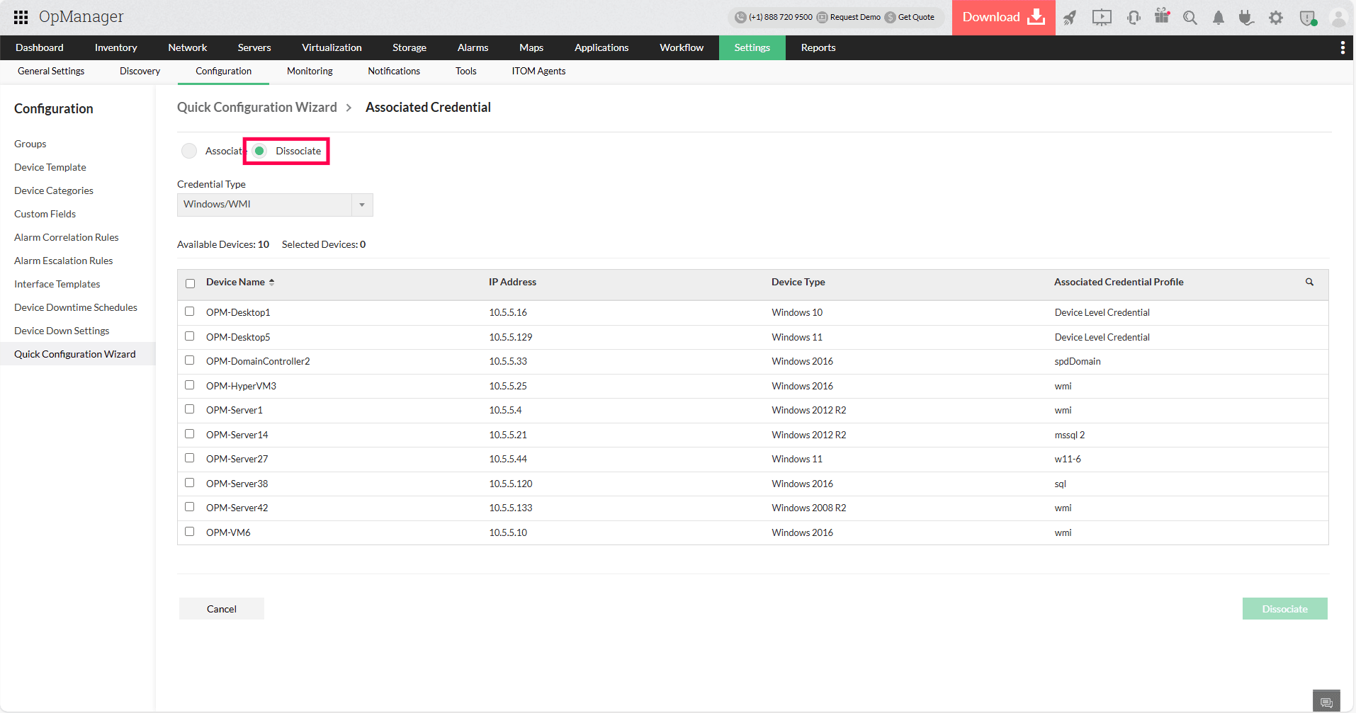 Quick Configuration Wizard in OpManager: Device selection for association