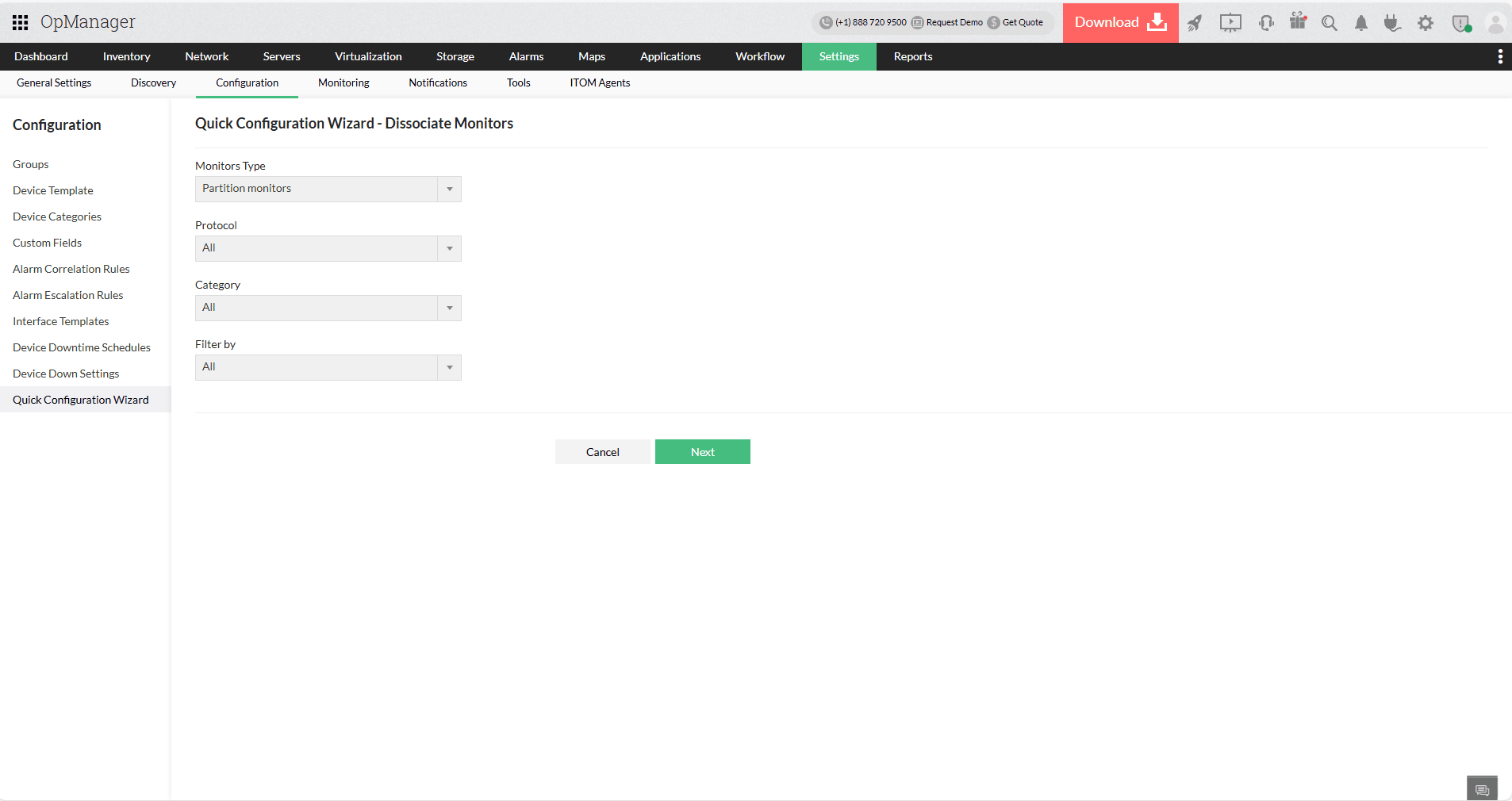Quick Configuration Wizard in OpManager: Device selection for association