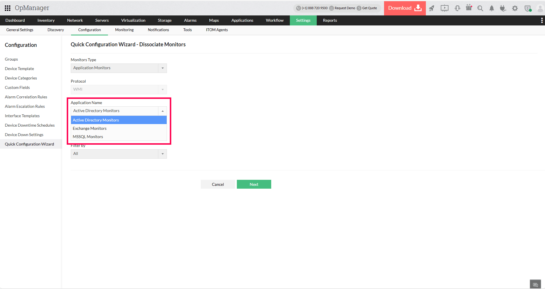 Quick Configuration Wizard in OpManager: Device selection for association