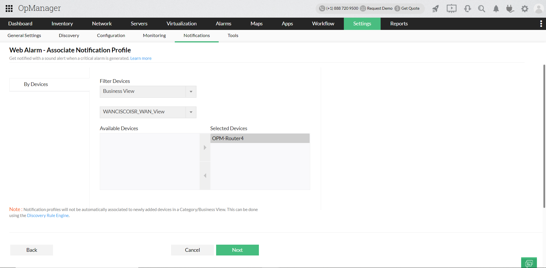 Web alarm notification profile in OpManager: Select device