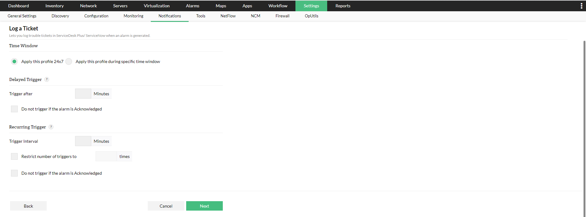Logging a ticket in OpManager: Application window specification