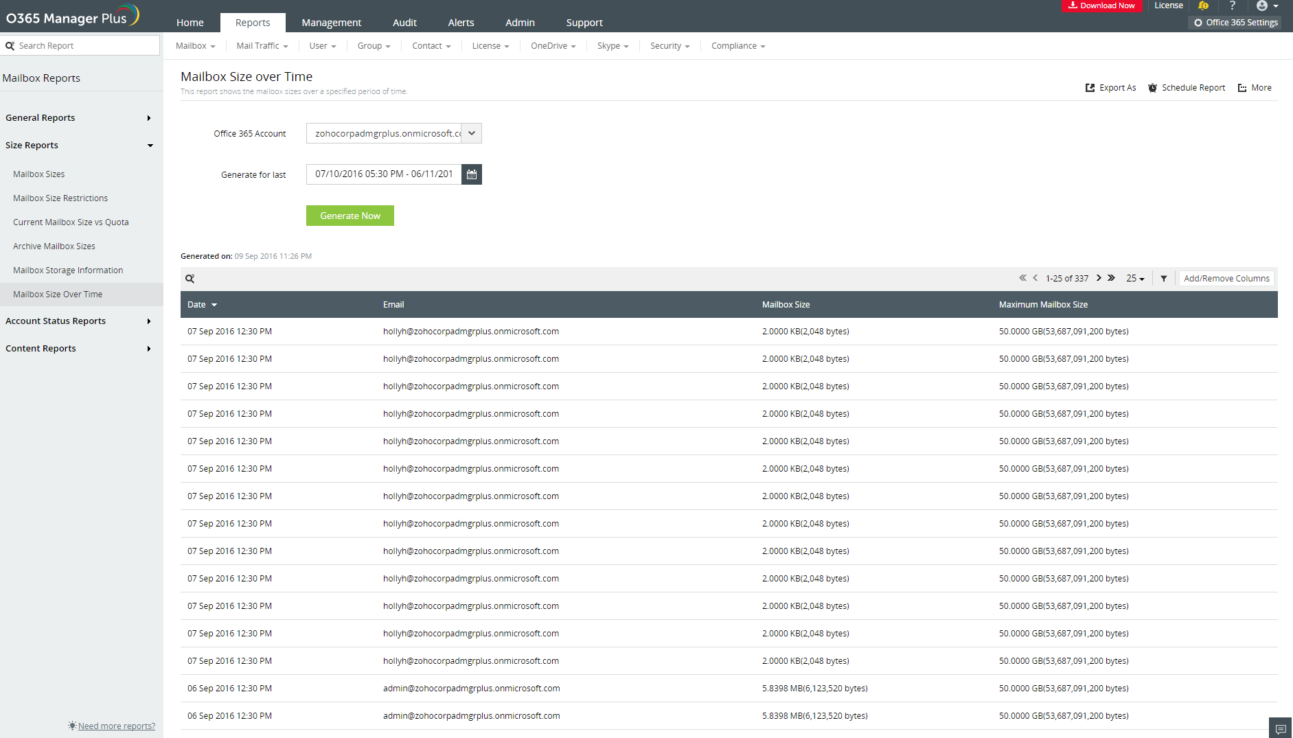 Office 365 Mailbox Size Reports O365 Manager Plus