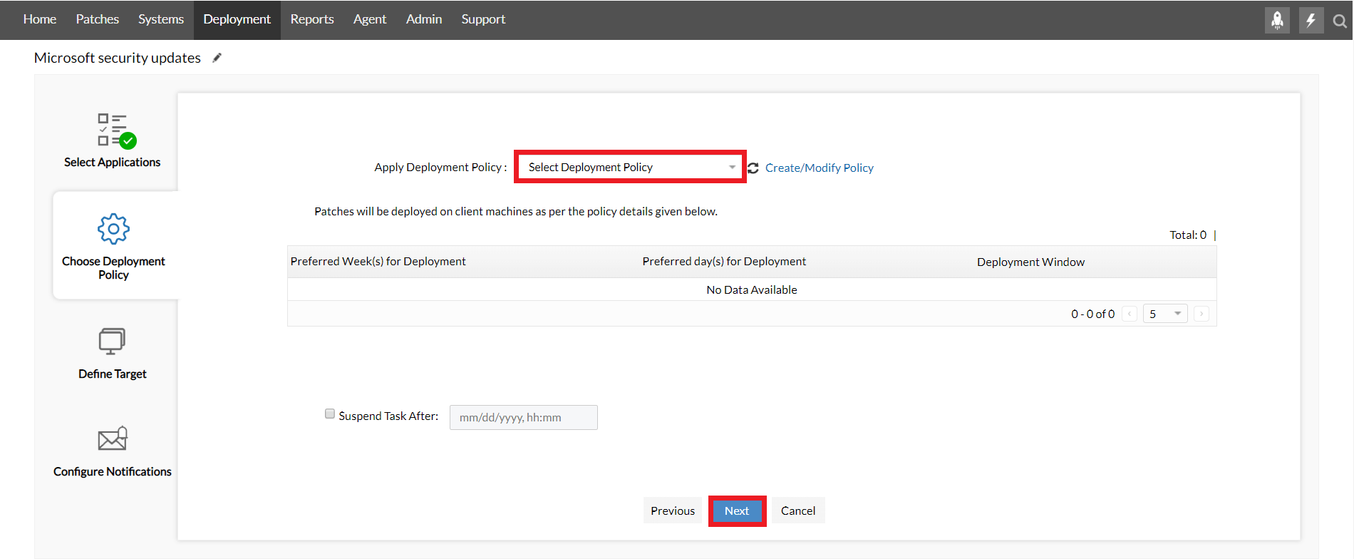 Selecting deployment policy for deploying Windows security updates