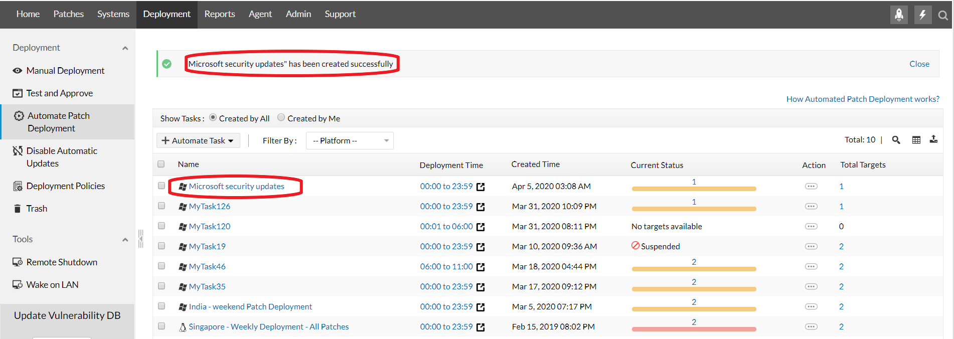 Automate Patch Deployment task created successfully for deploying Windows security updates