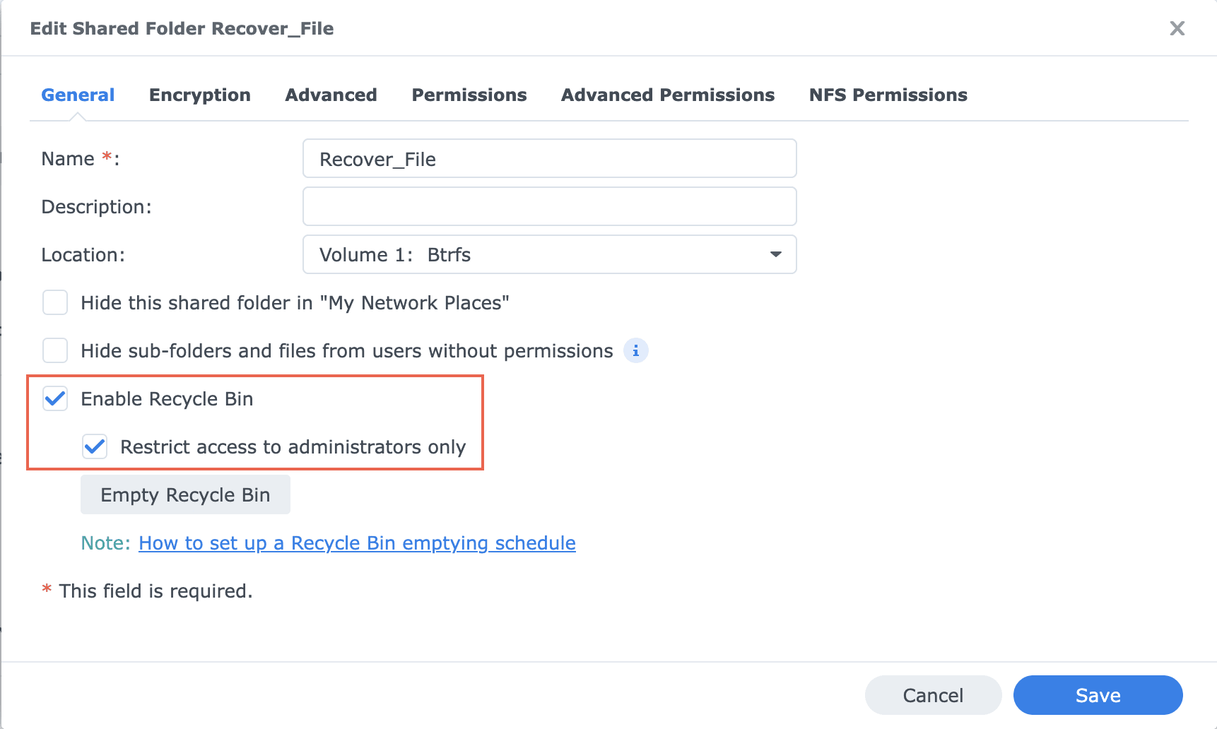 Enabling recycle bin in Synology NAS