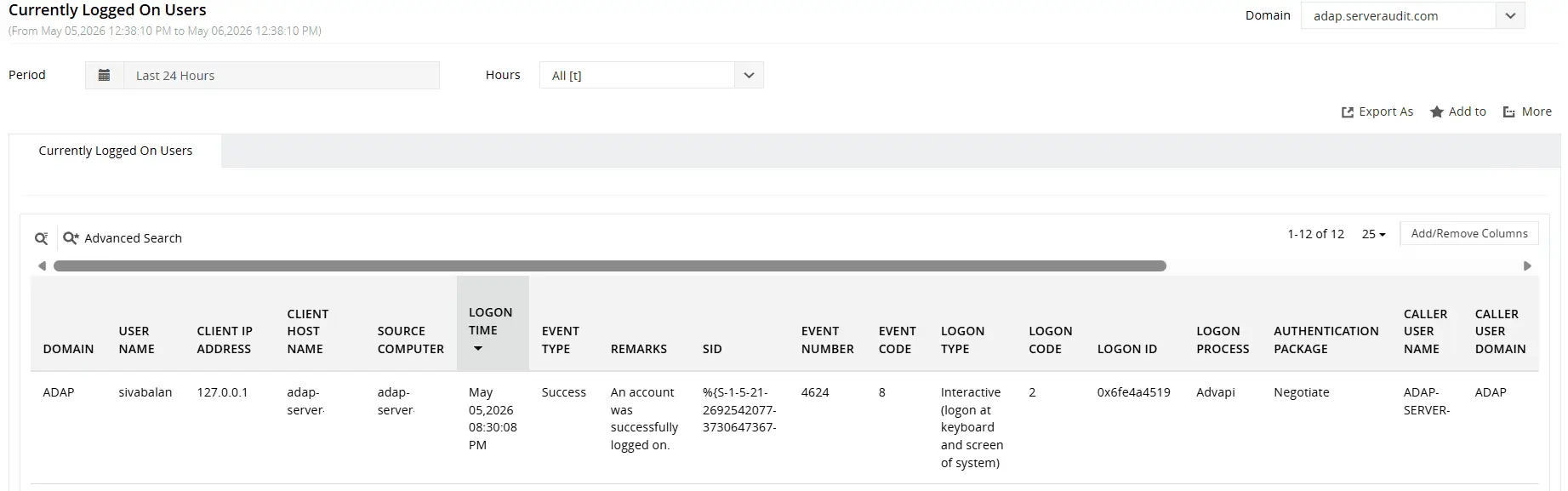 Currently Logged On Users report listing active user accounts, the workstation name each user is logged on to, session start time, and more.