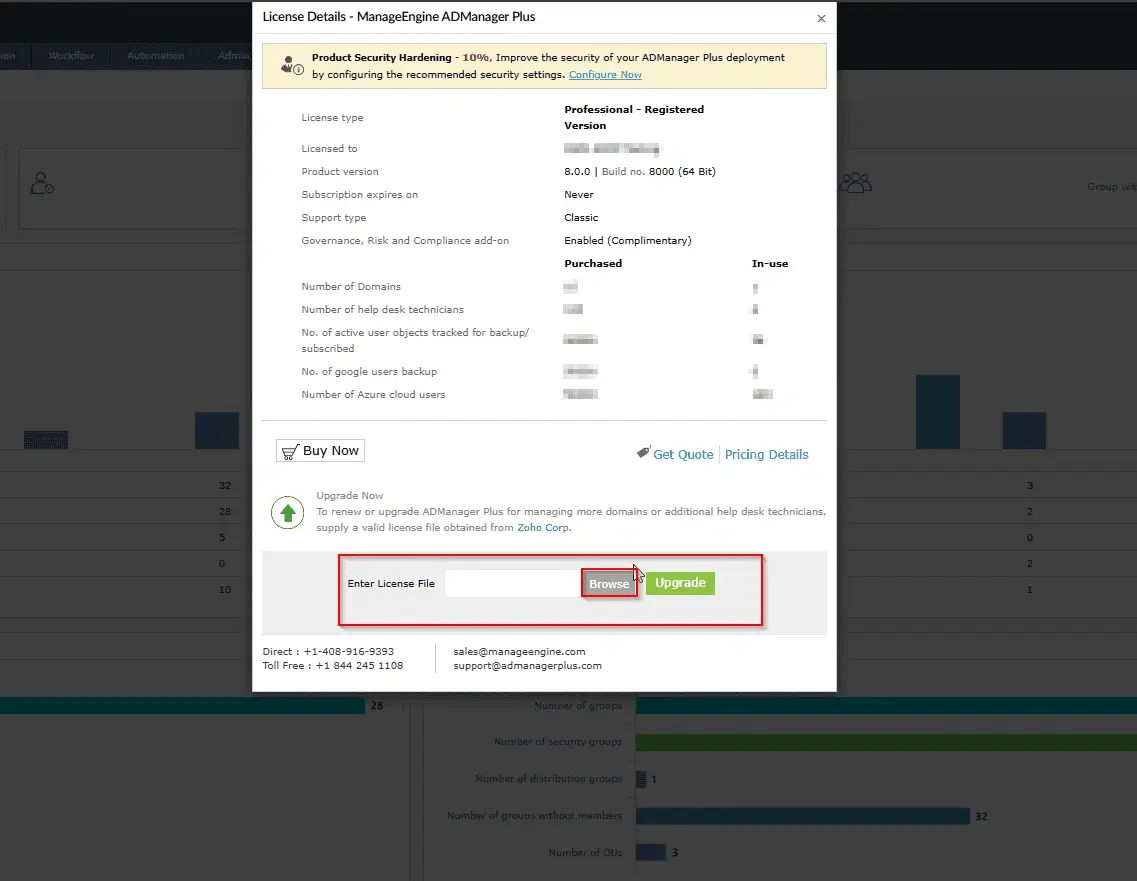 License upload section with Browse and Upgrade buttons.