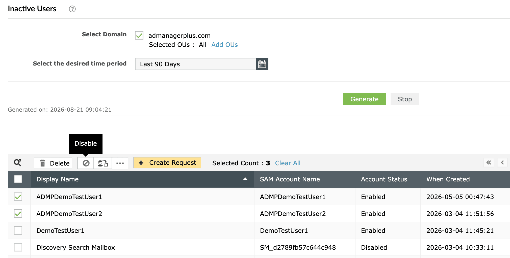 Disabling inactive users directly from the Inactive Users report in ADManager Plus.