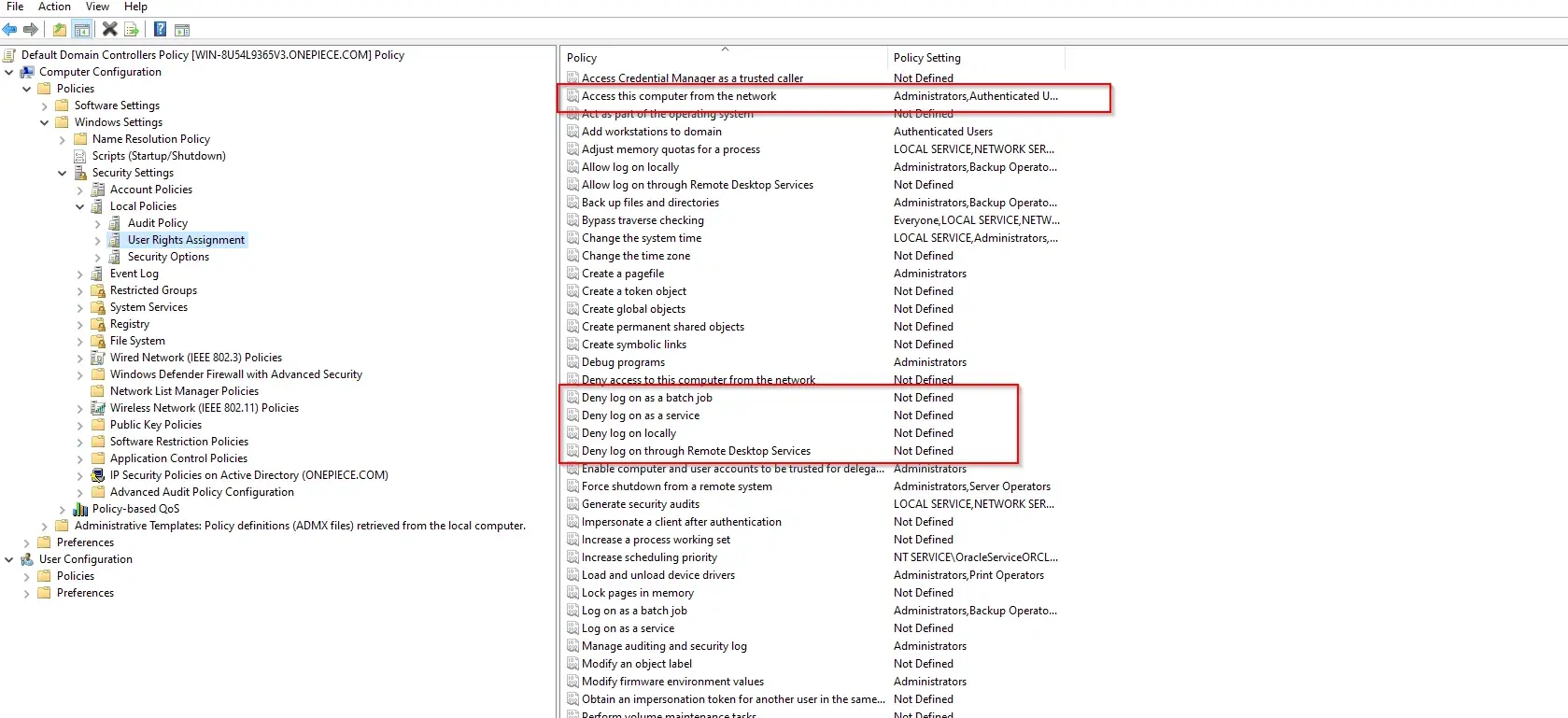 Reviewing Group Policy User Rights Assignment settings in the Group Policy Management Console.