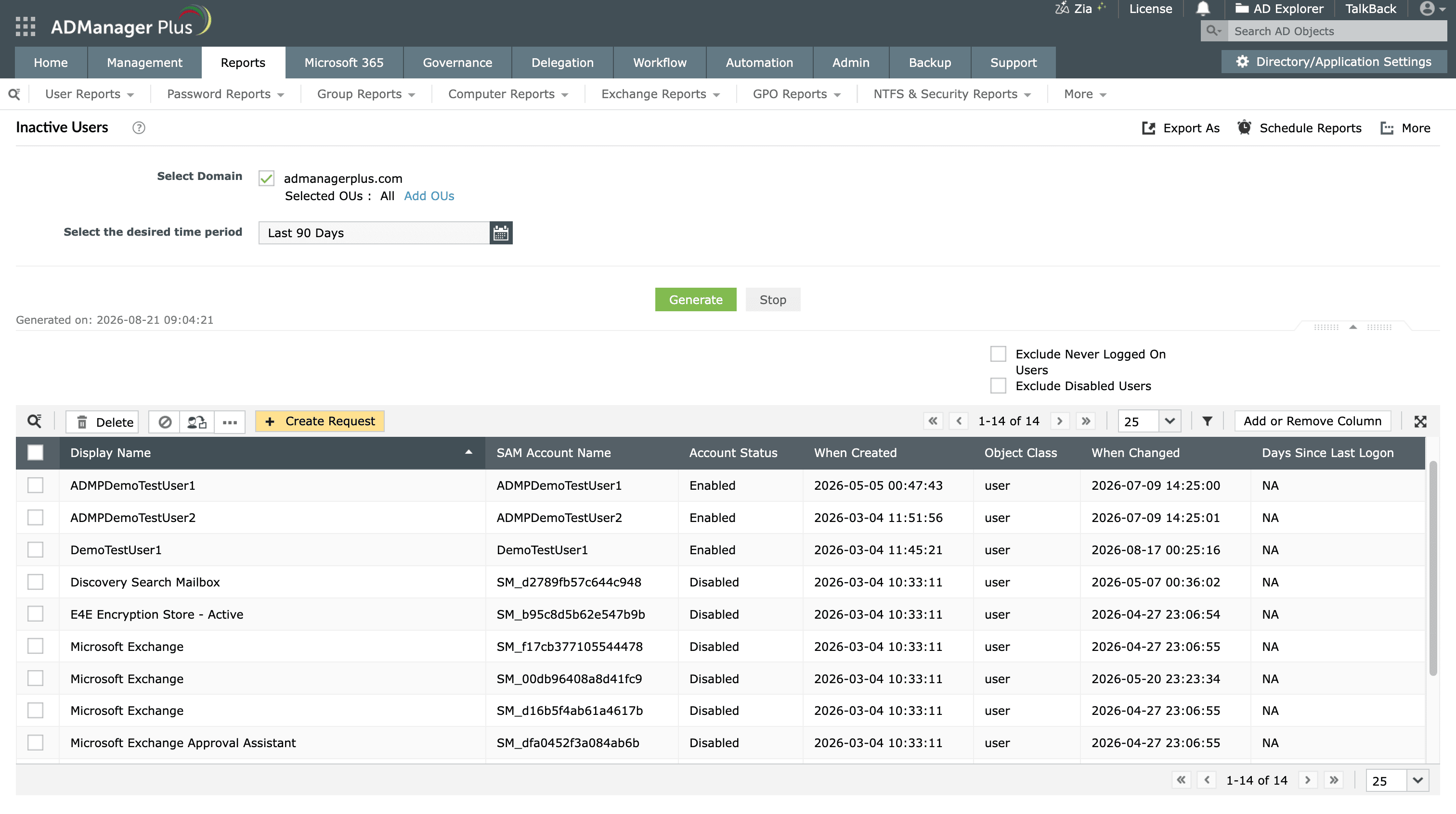 The Inactive Users report in ADManager Plus listing inactive users with their account status, days since last logon, and other details.