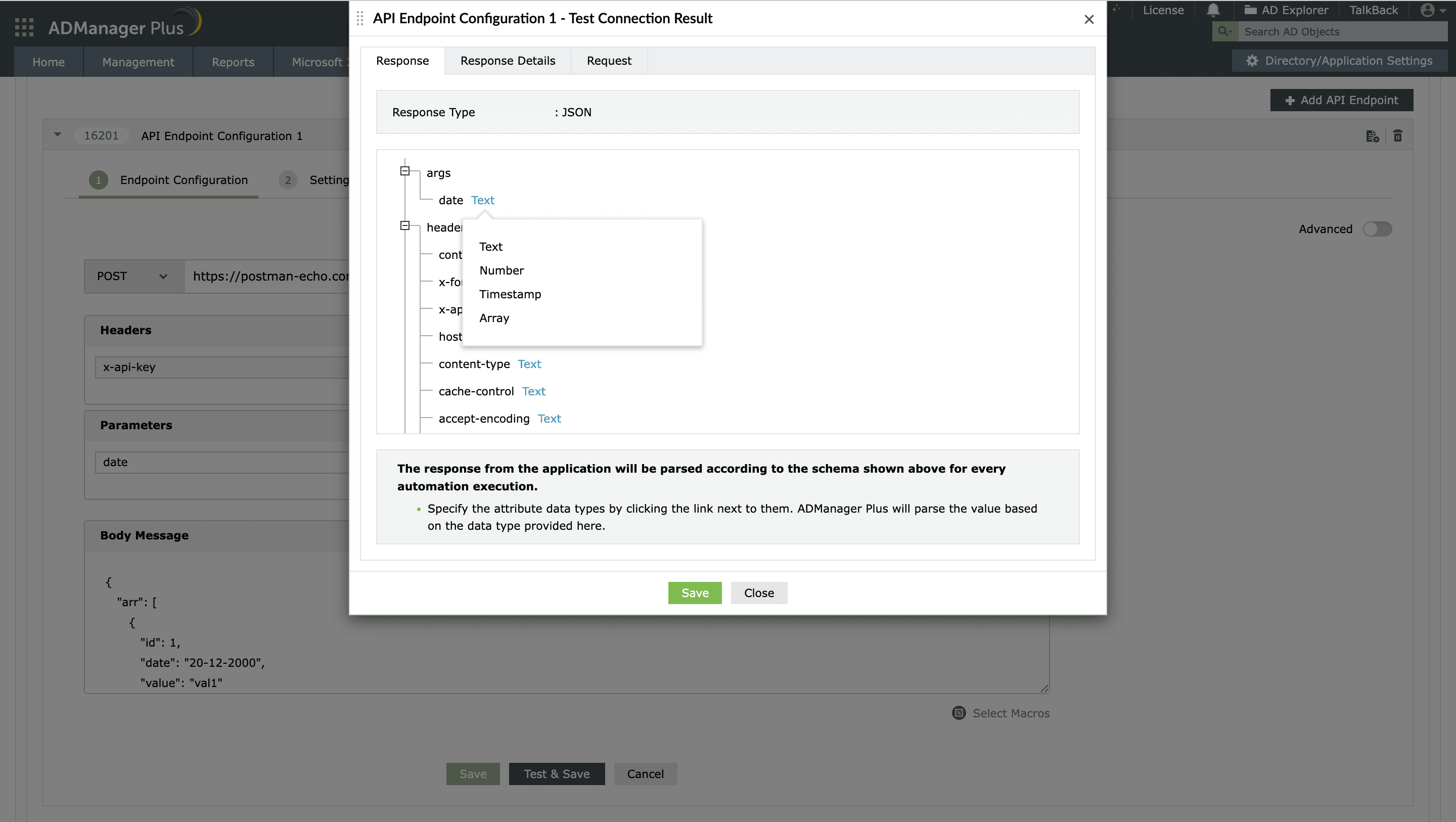 Inbound webhook test connection result with JSON response schema mapping.