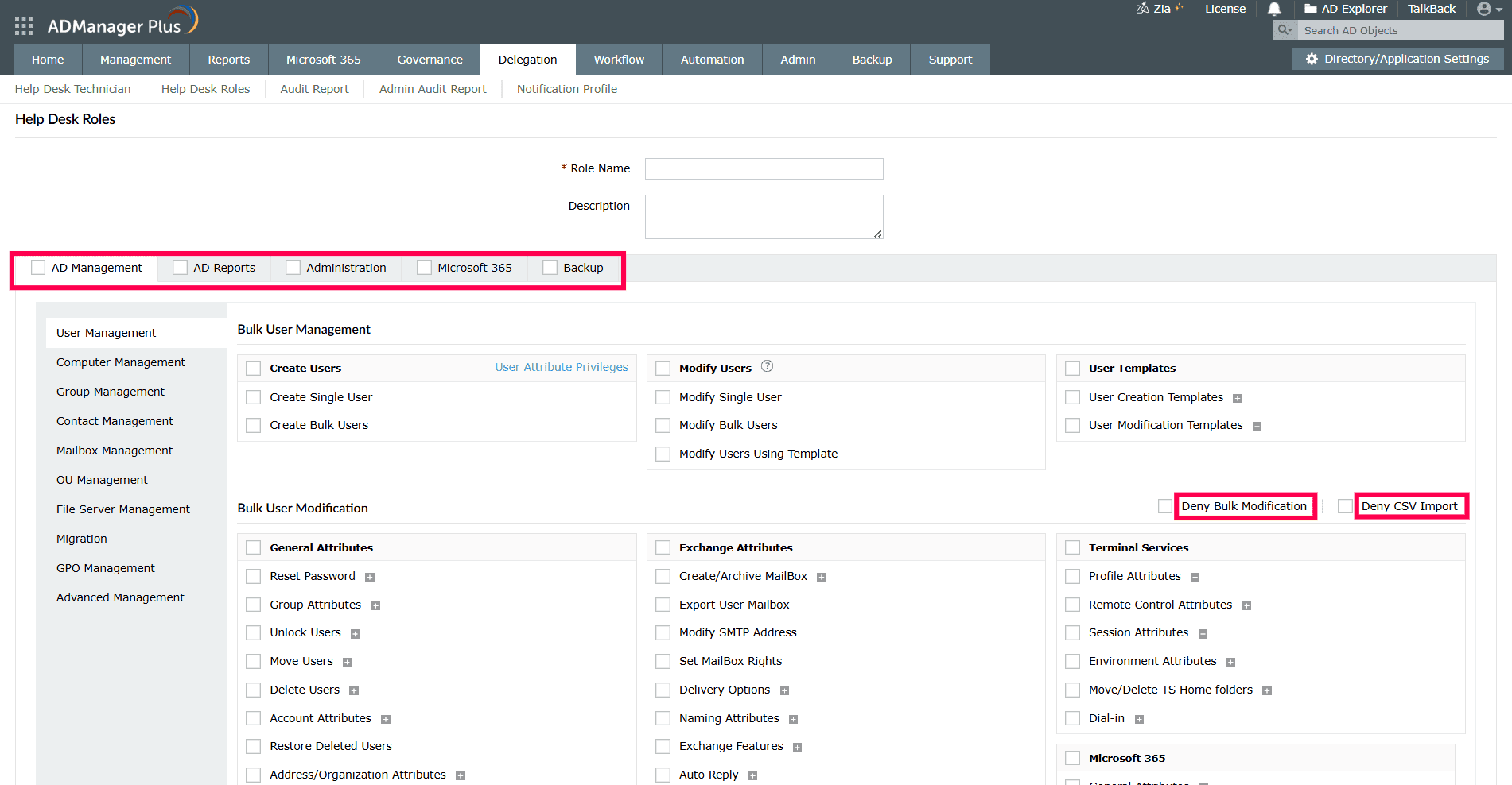 Create Help Desk Role page with category tabs and Deny options highlighted.