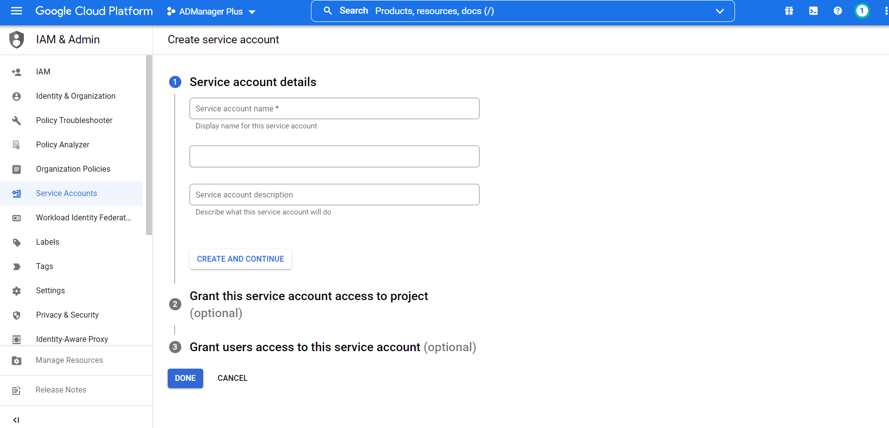 Create service account in Google Cloud.