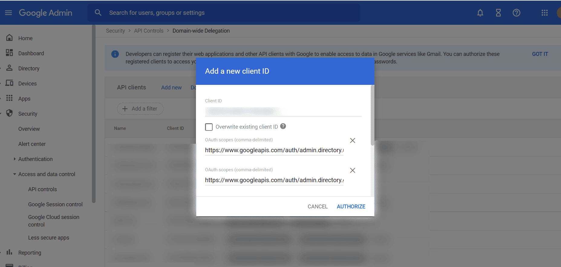 Add client ID for domain-wide delegation.