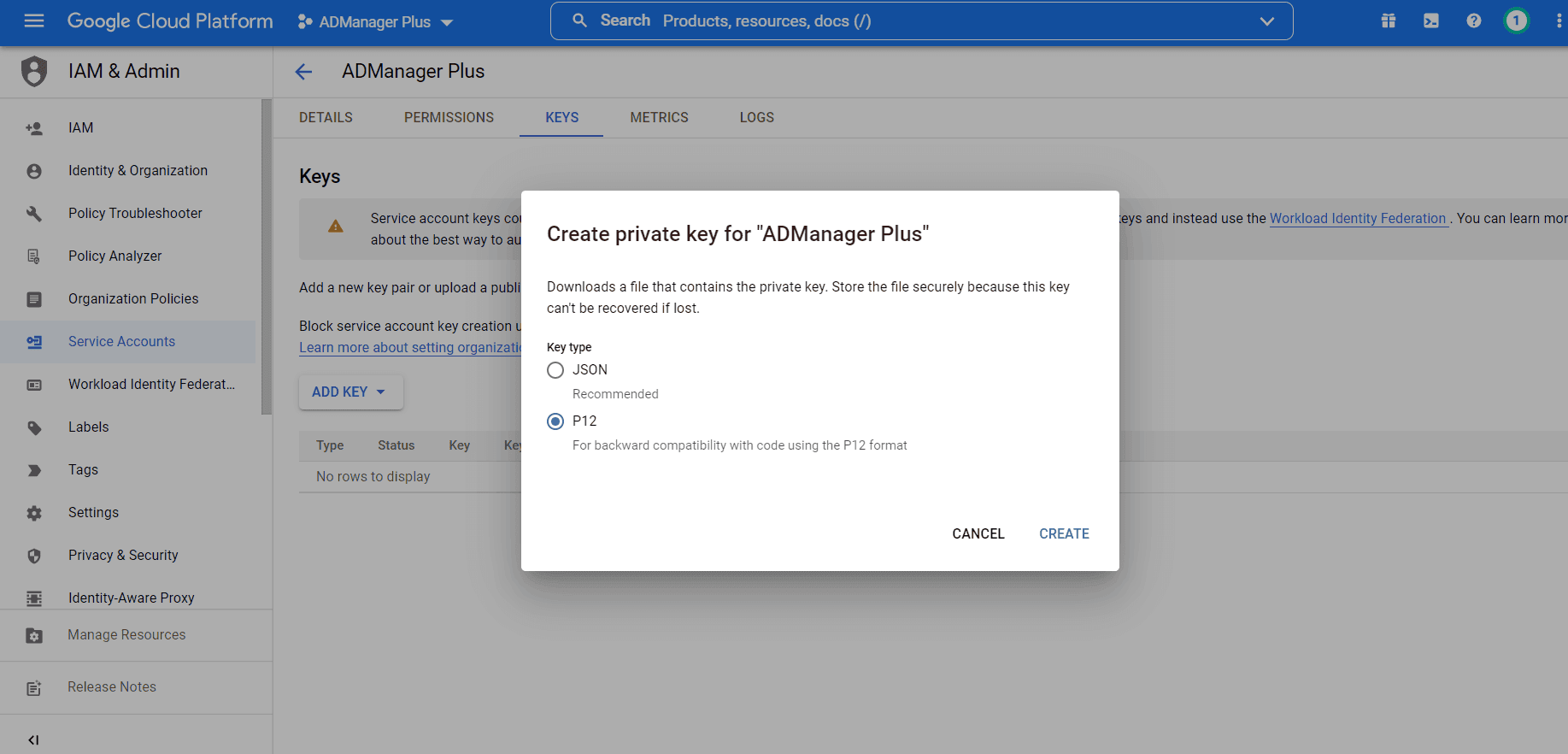 Create private key for service account.