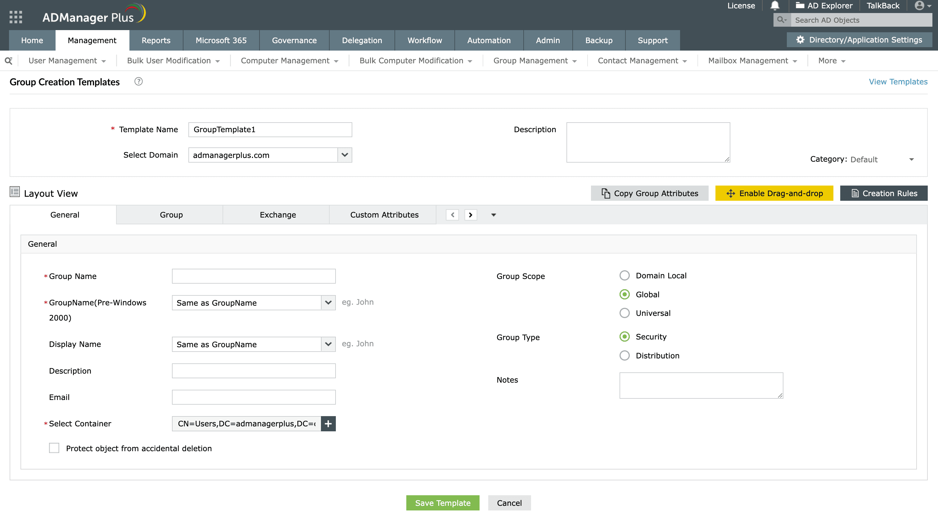 Creating a Group Creation Template in ADManager Plus.