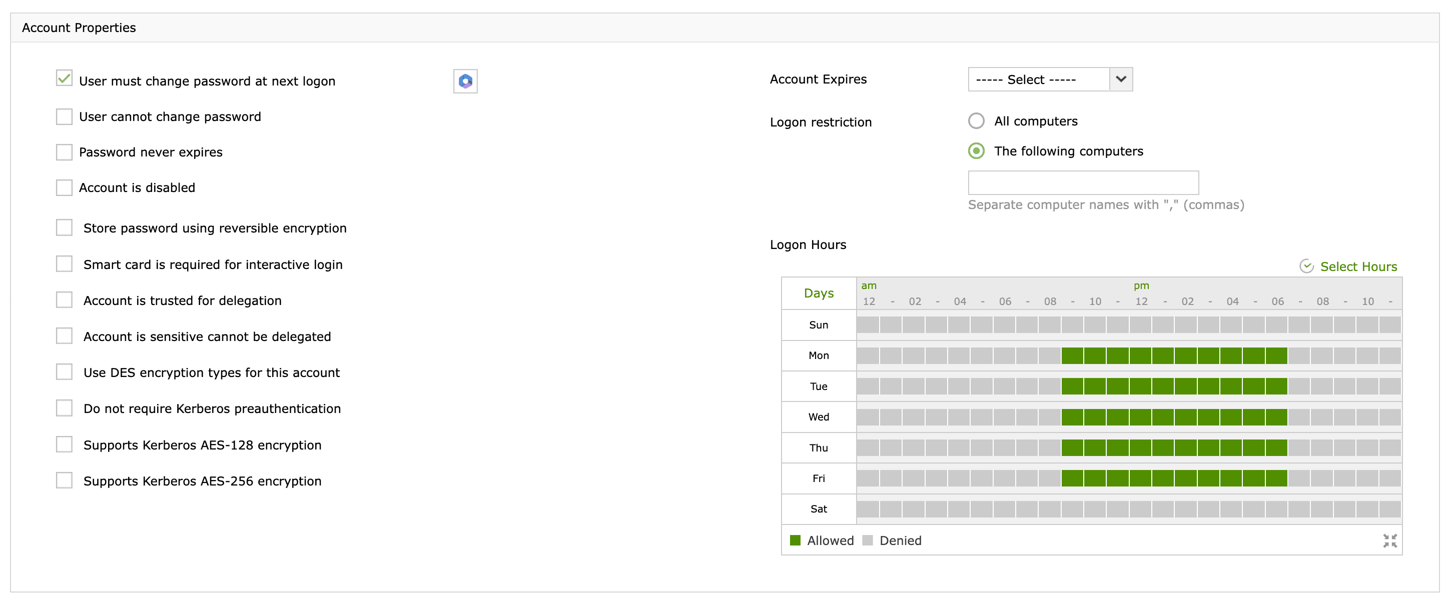 Configuring logon hours for workstations using ADManager Plus.