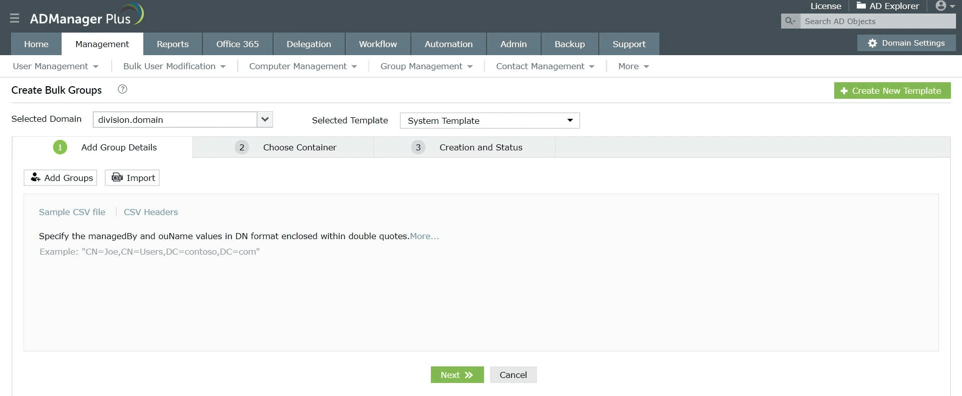 Creating multiple AD groups in bulk using a CSV file in ADManager Plus.