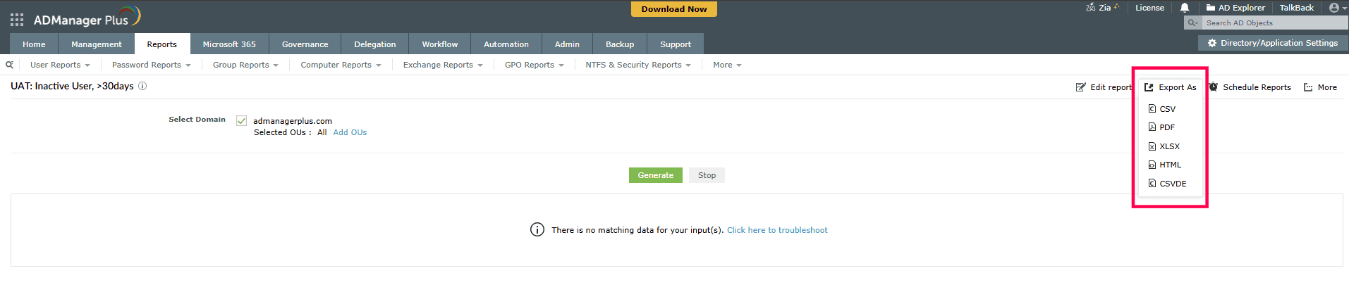 Export Active Directory custom reports in multiple formats using ADManager Plus