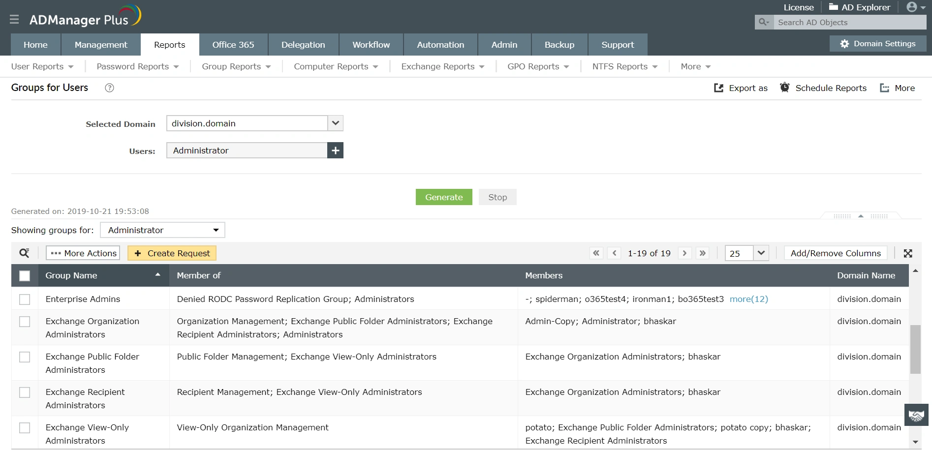 Groups for users report