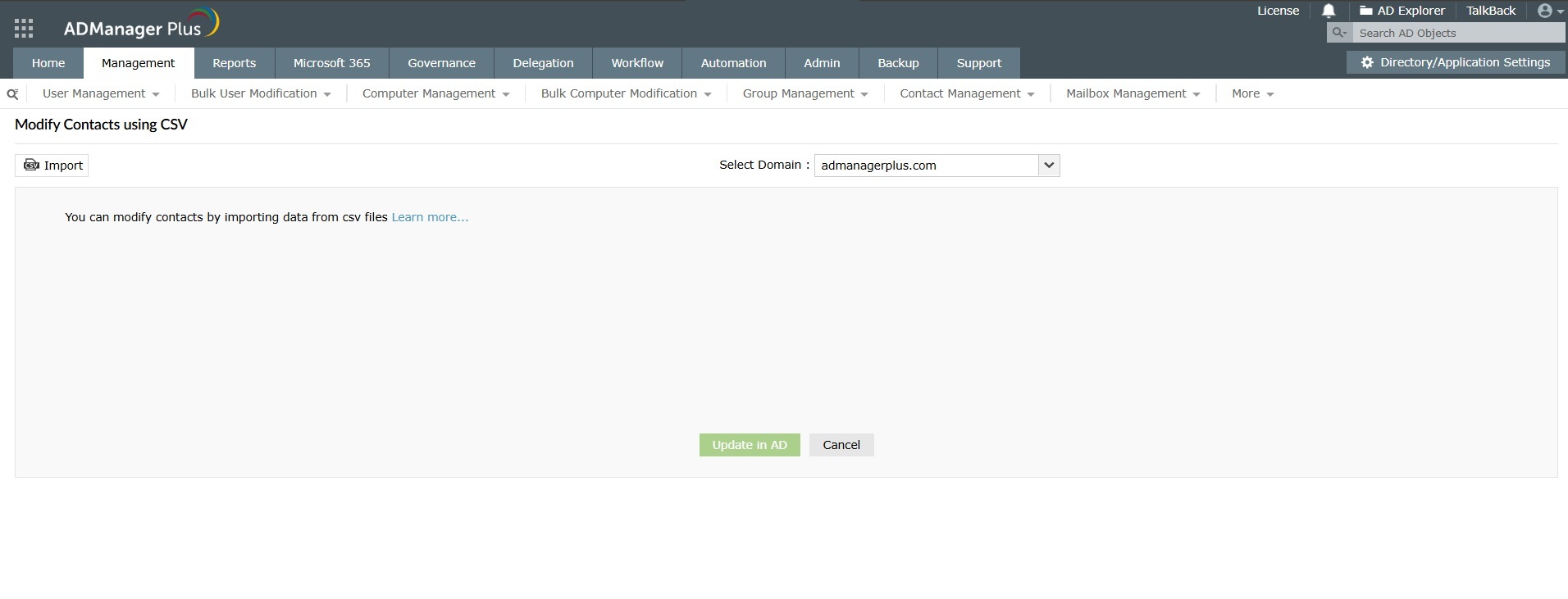 How to modify bulk contacts in Active Directory through CSV import using ADManager Plus