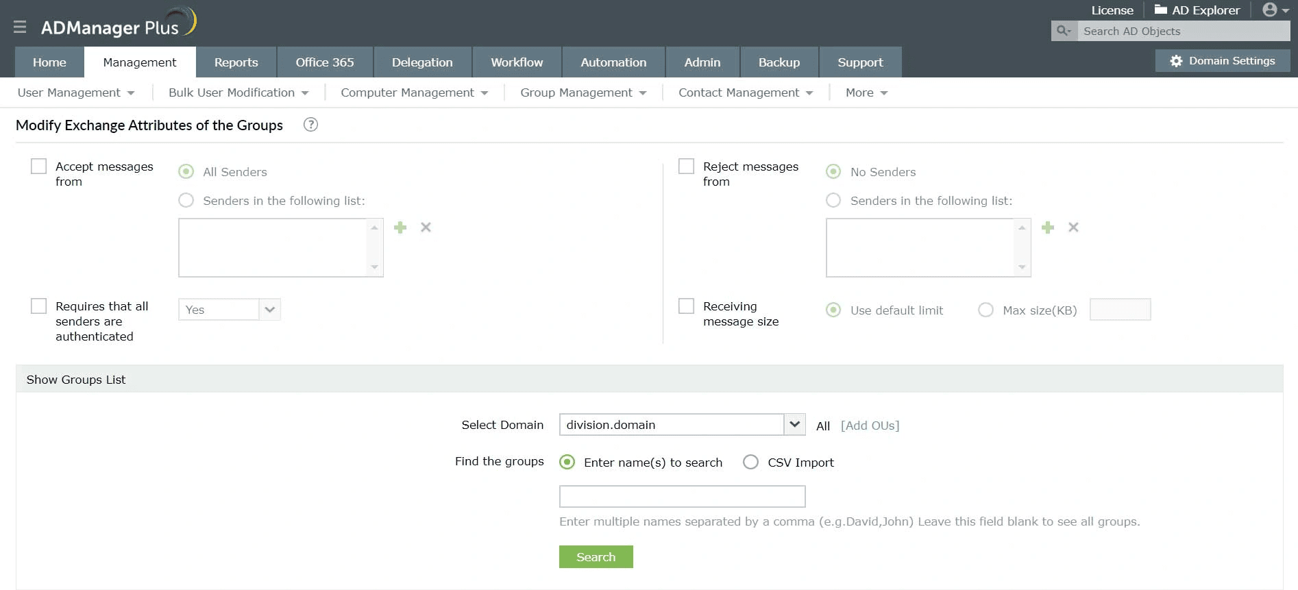 Modifying Exchange attributes of groups using ADManager Plus.