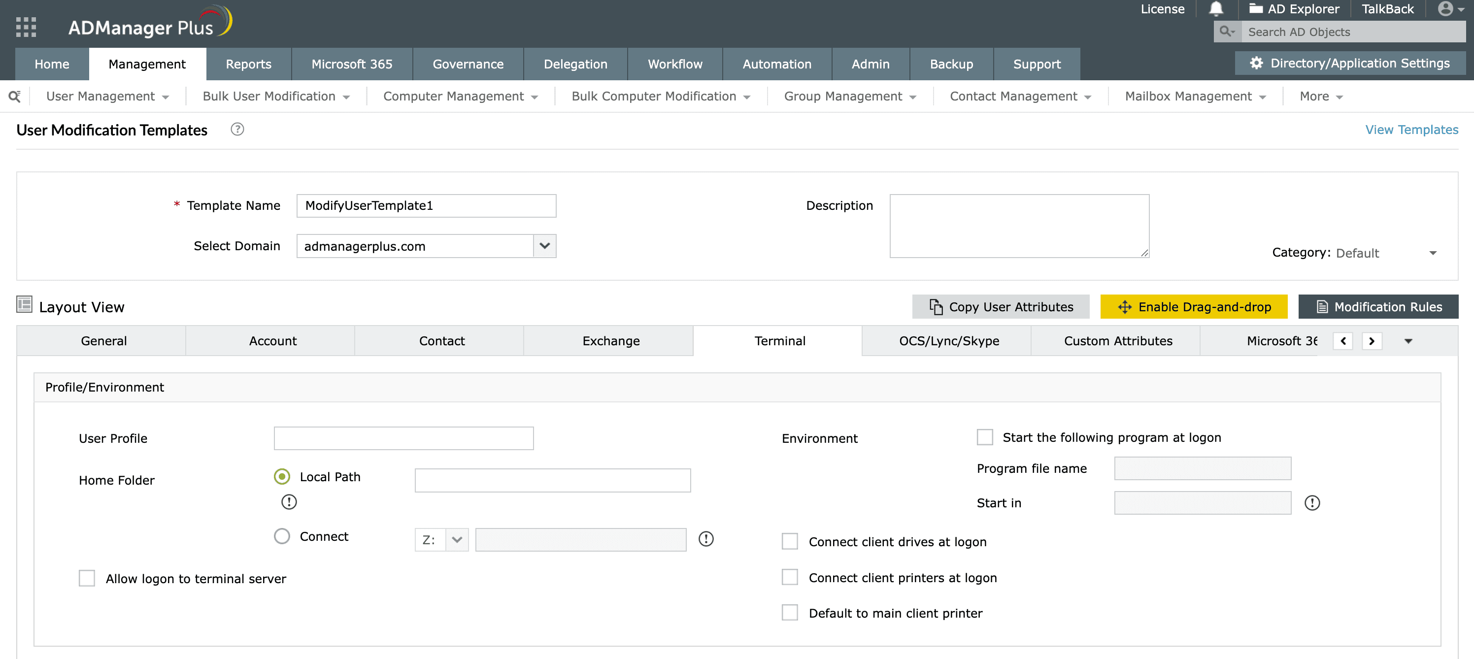 Modifying the RDS home folder and profile path for a user in ADManager Plus.