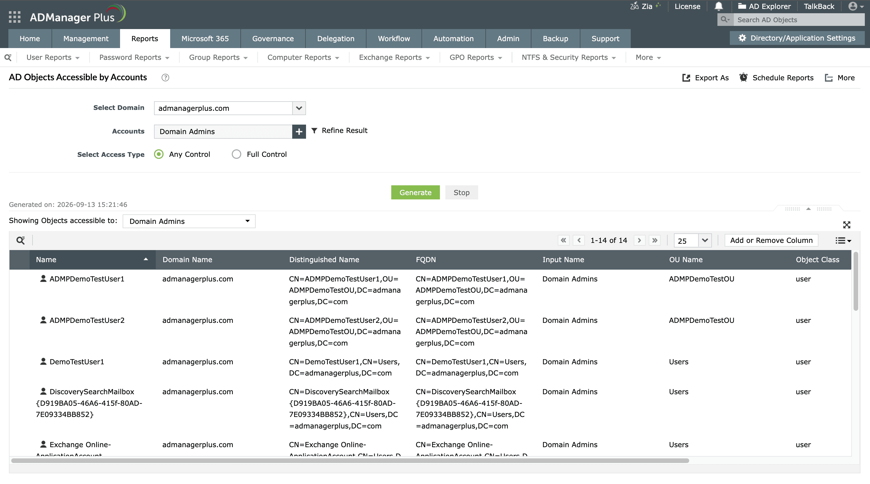 The AD Objects Accessible by Accounts report generated using ADManager Plus