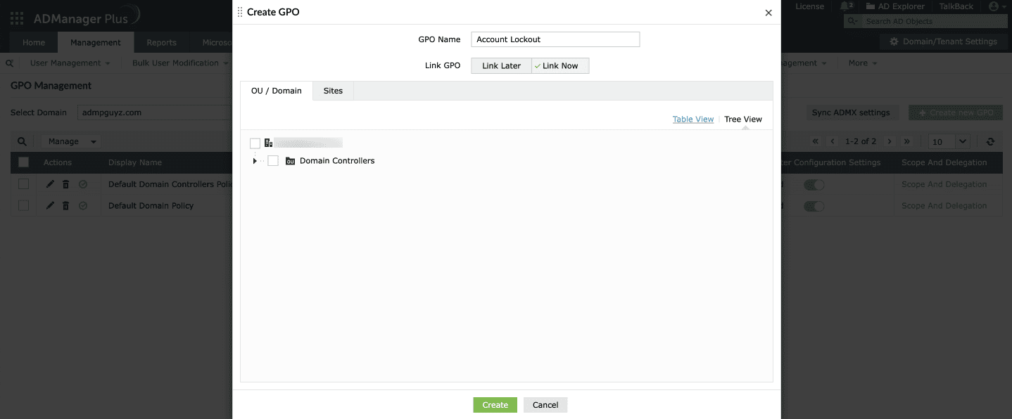 Creating a new GPO in Active Directory and linking it using ADManager Plus