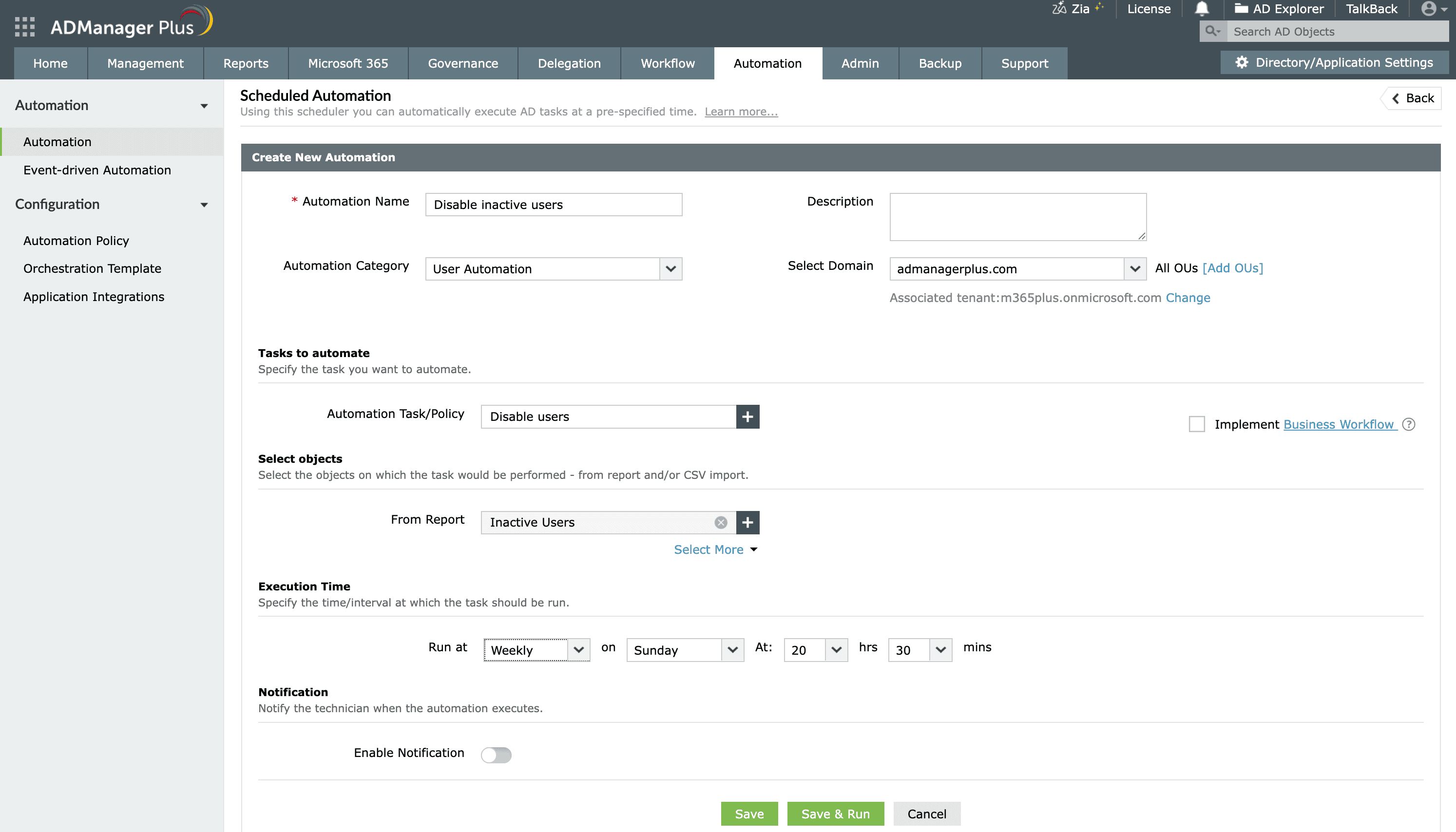 Creating an automation to disable AD users from the Inactive Users report in ADManager Plus.