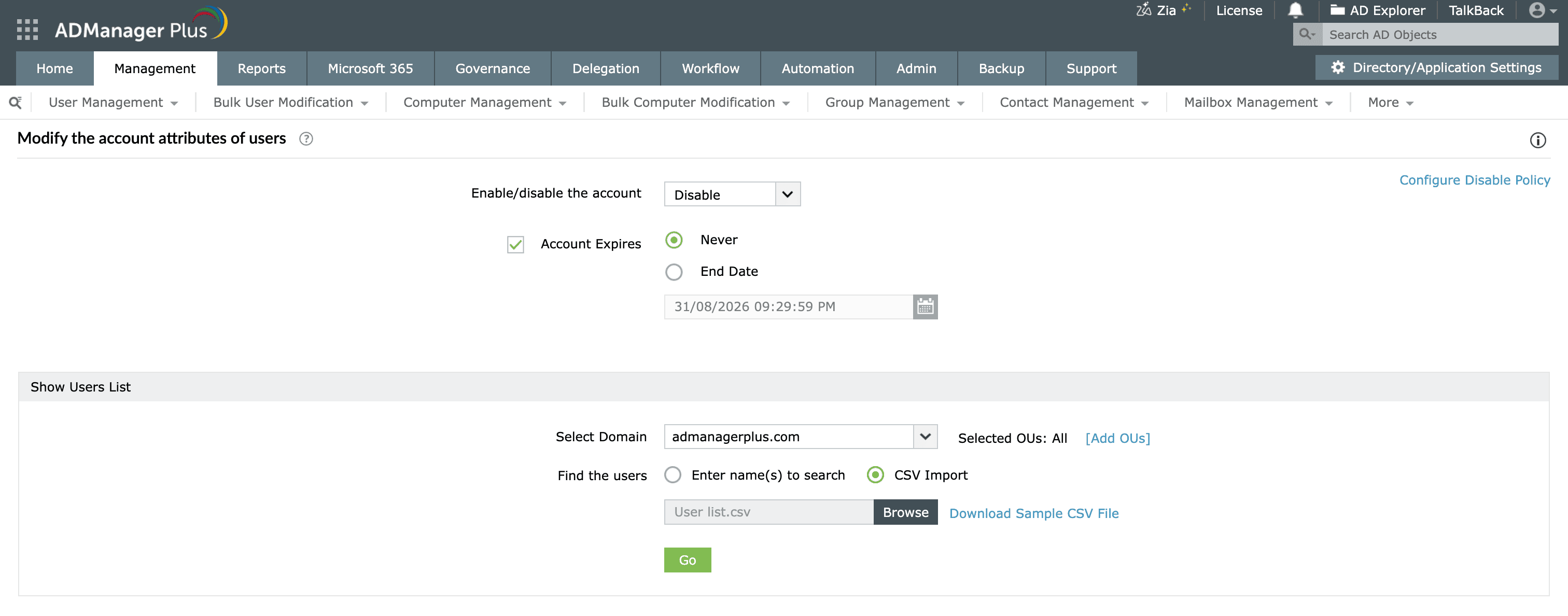 Disabling AD users using a CSV file in ADManager Plus.