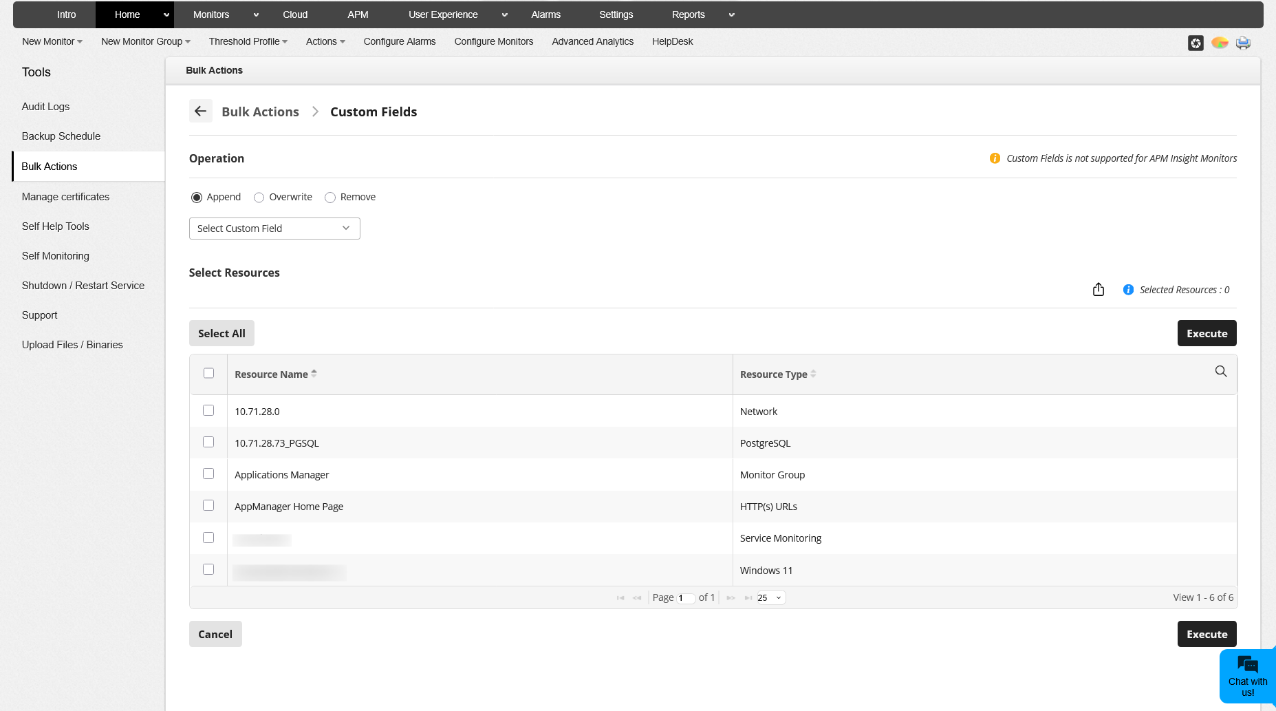 Applications Manager Bulk actions: operations