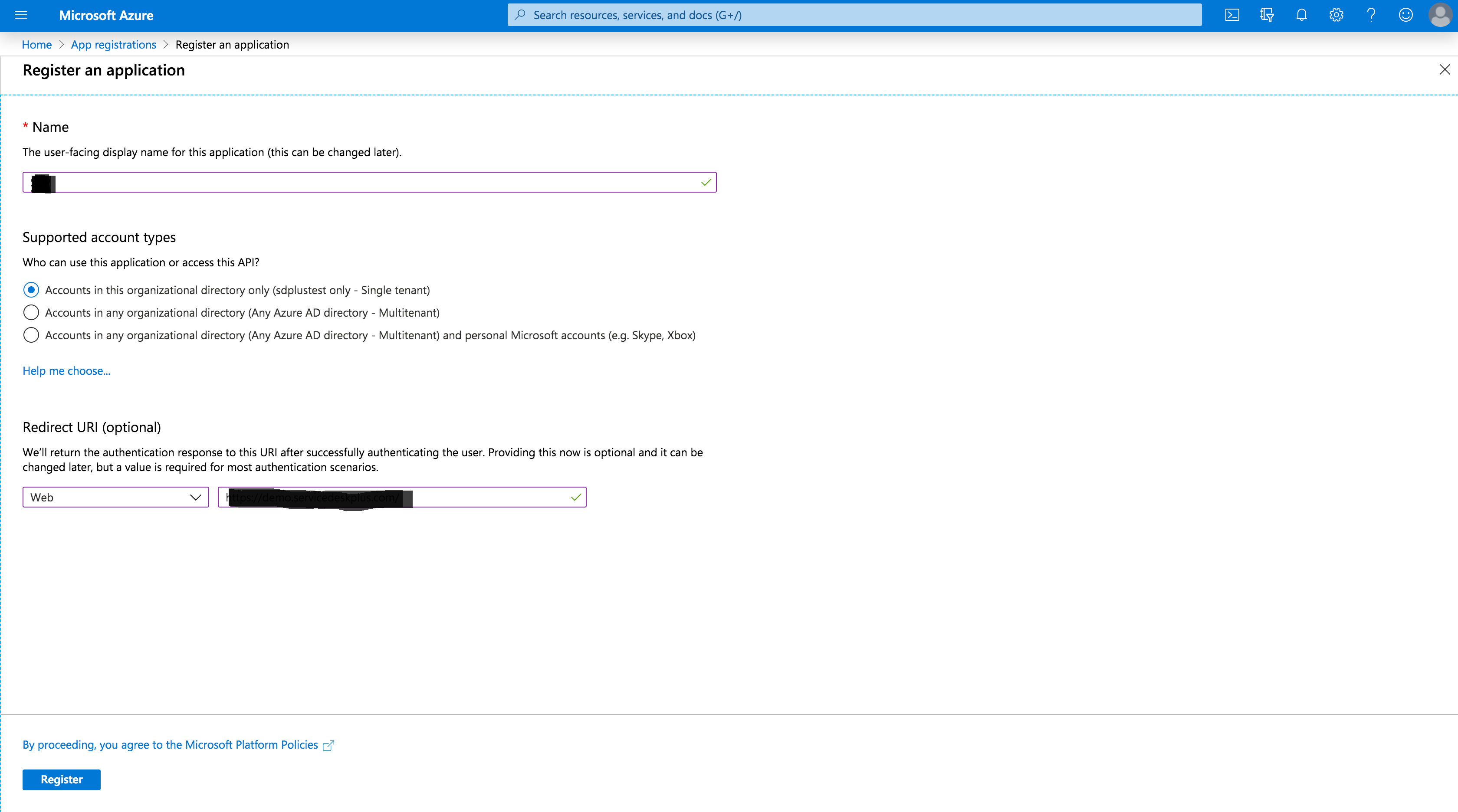 Applications Manager Configuring OAuth for EWS Server: Specifying Redirect URI in Azure portal
