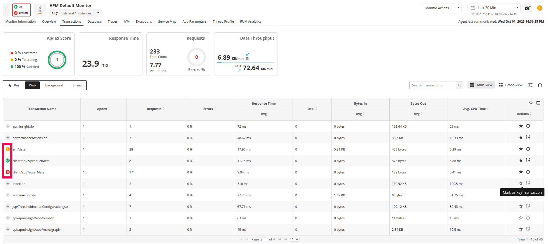 Mark transaction as Key in APM Insight