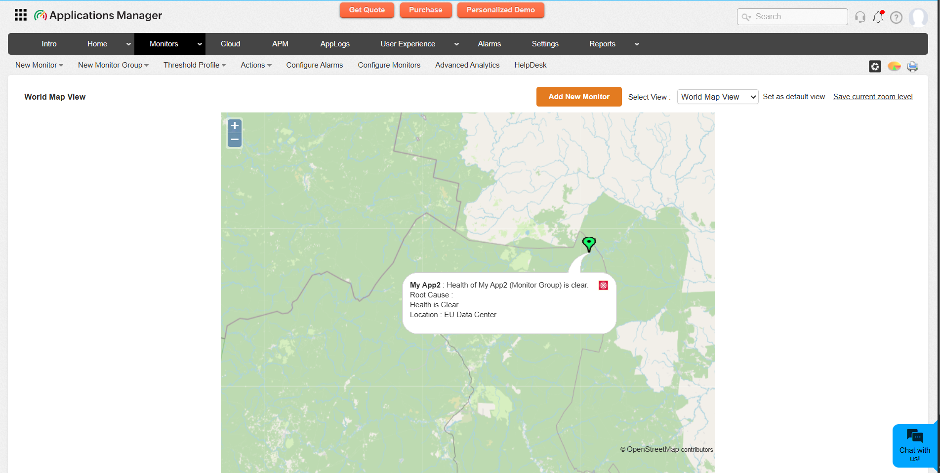 Applications Manager World Map View: Viewing Monitor Group Status on World Map